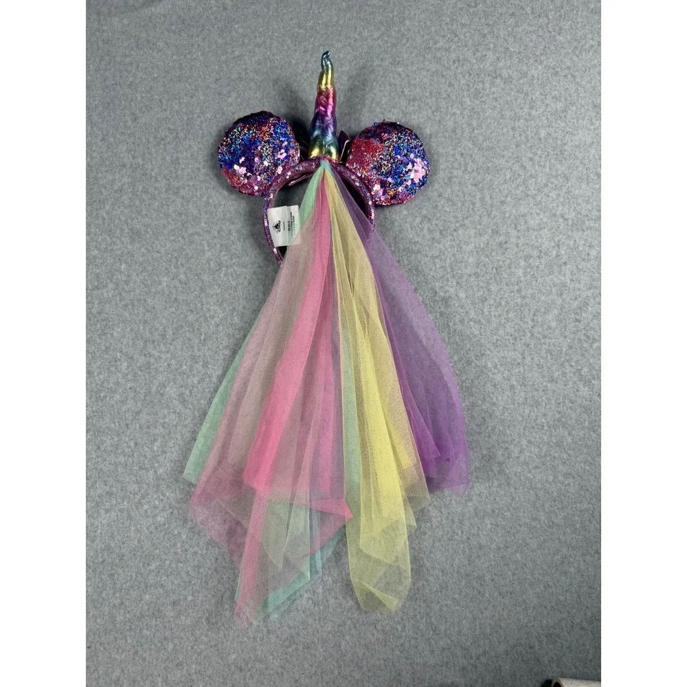 Disney Minnie Mouse Unicorn Ears Headband OS Purple Rainbow Sequin Veil Kidcore